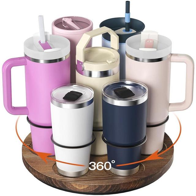 NANATI Water Bottle Organizer for 7 Stanley Cups, Pine Wood Stanley Cup Organizer 40 oz/30 oz/20 oz, Rotating Tumbler Storage Organizer, Stanley Cup Accessories, 1 Pack