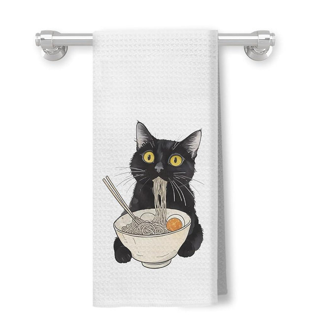 GDJIEGBC Funny Noodle Black Cat Kitchen Towels Decorative, Black Cat Gifts Hand Tea Towels for Kitchen, Retro Ramen Kitty Kitten Dish Towel Drying Cloth, 16x24 Inch