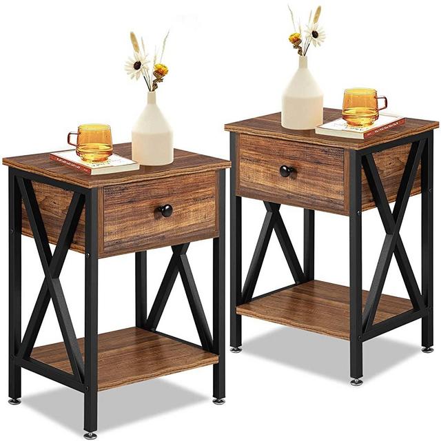 VECELO Night Stands for Bedroom Nightstand Bedside End Tables with Drawer Storage, (Set of 2), Rustic Brown