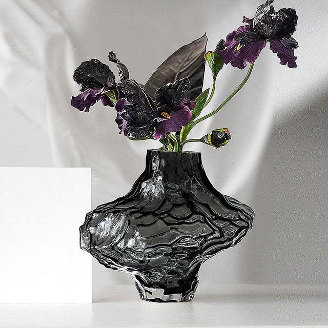 Yannige Glass Vase - H 6.7", Black Flower Vase with Glacier Texture Design,Clear Small Vases for Modern Home Centerpieces Decor (Black)