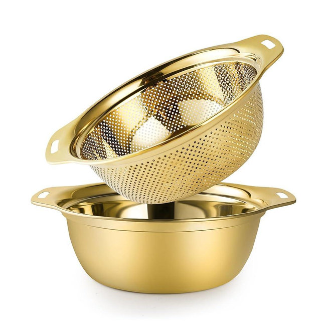 Colander 304 Stainless Steel 5-quart with Mixing Bowls, Strainer for Kitchen Food For washing vegetables, fruit, rice, Dishwasher Safe. (Gold 2PC)