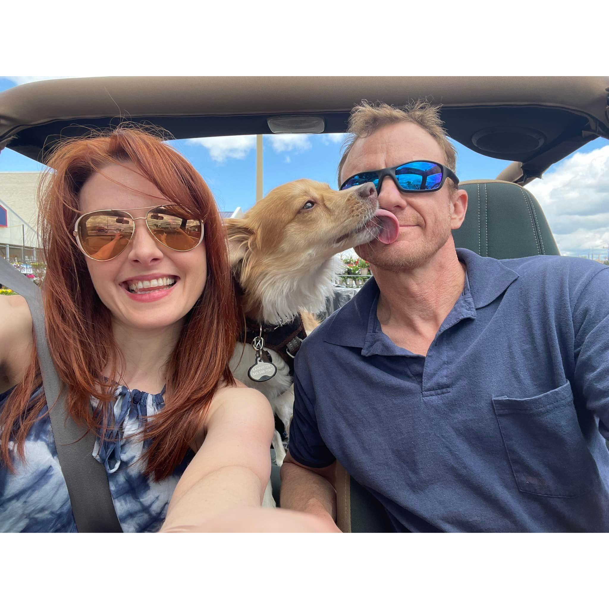 One of our favorite things to do on a nice day is take a drive with the top down in Dan's Jeep Wrangler. Lanny loves to join us for those rides!