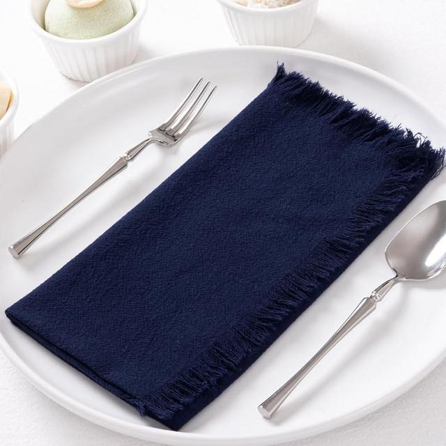 DeZerlor 6 Pack Navy Blue Cotton Linen Napkins with Fringe Fall Napkins Cloth Set of 6 Boho Thanksgiving Napkins Handmade Dinner Napkins Bulk for Wedding Fall Dining Table, 17 x 17 Inches