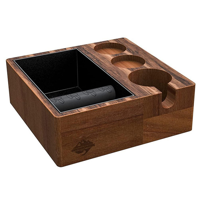 4 In 1 Espresso Knock Box, 54mm/58mm Coffee Accessories Organizer Box by CrossCreek Compatible with 54/58mm Espresso Distributor Coffee Tamper Portafilter Tamping Holder and 1.5L Knock Box Walnut Base