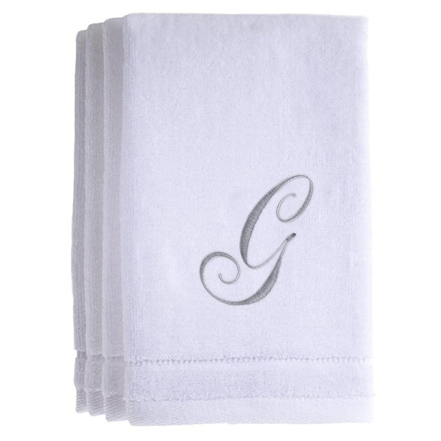 Monogrammed Towels Fingertip, Personalized Gift, 11 x 18 Inches - Set of 4- Silver Embroidered Towel - Extra Absorbent 100% Cotton- Soft Velour Finish - For Bathroom/ Kitchen/ Spa- Initial G (White)