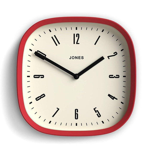JONES CLOCKS® Marvel Wall Clock | Modern Retro Rounded Square Clock | 10 inch | Red | Cool Designer Look for Kitchen, Living Room or Office