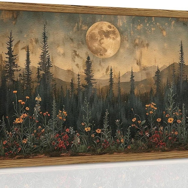 Vintage Nature Forest Wall Art Dark Moon Landscape Painting Wall Decor Woodland Picture Artwork 3D Textured Hand Drawn Sandstone for Farmhouse Bedroom Living Room 12x16 inch Wood Framed