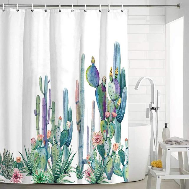 Heopapin Bathroom Shower Curtain Watercolor Tropical Cactus Shower Curtains with 10 Hooks Succulent Cactus Bath Curtain Reinforced Buttonholes Bathroom Curtain, 59" W × 70" H