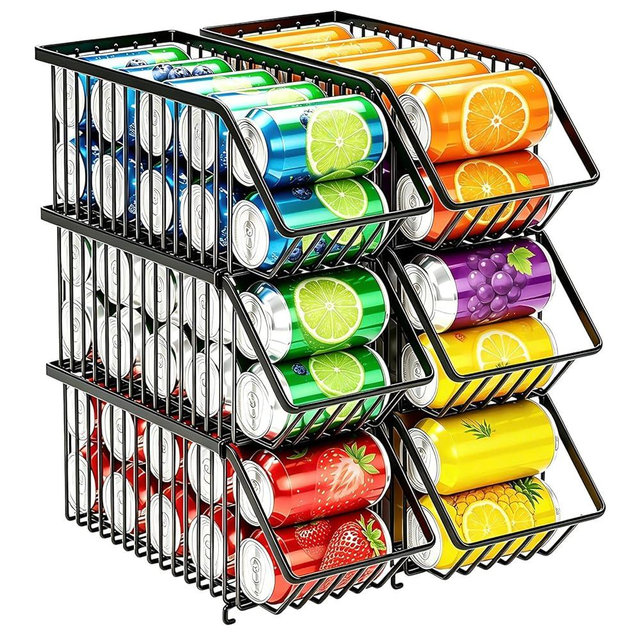 Boeetech Stackable Soda Can Organizer Rack, Stacking Can Dispensers Refrigerator Organizer Bins Pop Soda Dispenser Canned For Fridge, Freezer, Kitchen, Cabinets (Black, 6)
