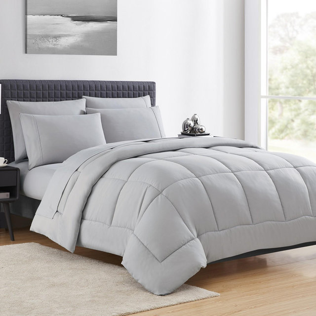 Sweet Home Collection Bed-in-A-Bag Solid Color Comforter & Sheet Set Soft All Season Bedding, Queen, Silver