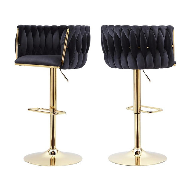 ECHINGLE Black Velvet Bar Stools Set of 2 - Modern Adjustable Swivel Counter Height Chairs with Woven Back for Kitchen Island, Dining, Cafe, Pub