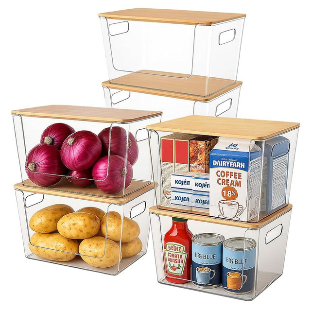 CiWiVOKi 6 Pack Clear Stackable Storage Bins with Bamboo Lids, Trash Bag Holder Dispenser Under Sink Organizer for 4-13 Gal Bags, Plastic Storage Containers for Pantry Bathroom Kitchen Organization