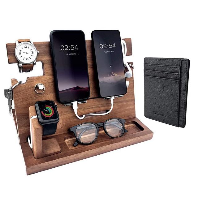 Eterluck Wooden Docking Station Men, Nightstand Organizer Bundle w/RFID Blocking Leather Wallet - Charging Station, Cell Phone Stand, Tablet Stand, Husband Gifts from Wife, for Dad - Walnut