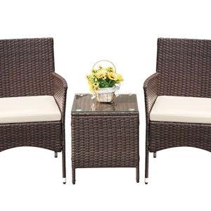 Devoko Patio Porch Furniture Sets 3 Pieces PE Rattan Wicker Chairs with Table Outdoor Garden Furniture Sets (Brown/Beige)