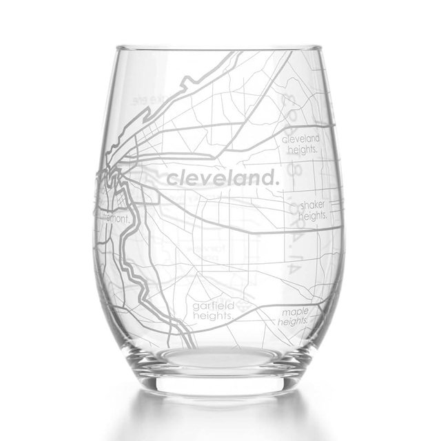 Well Told Engraved Cleveland Ohio Map Stemless Wine Glass, Etched Glass (15 oz, Clear) City Custom Gifts for Lovers