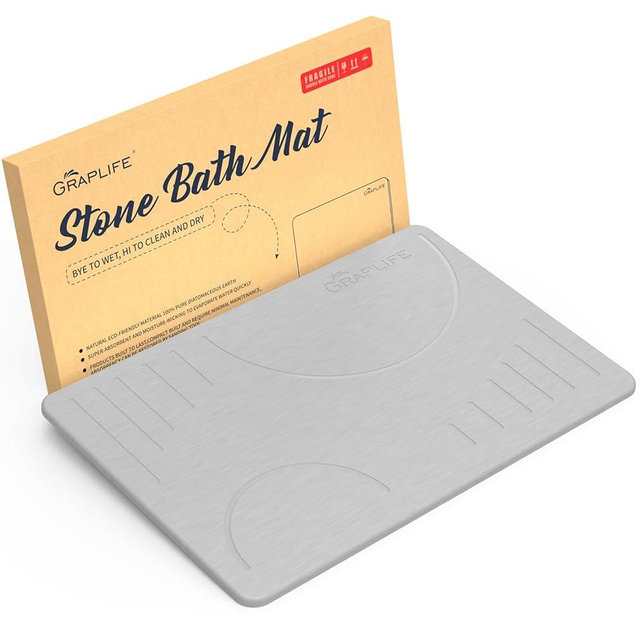 Graplife Stone Bath Mat Non-Slip Fast-Drying Mat for Kitchen Counter Tub & Bathroom Floor Super Absorbent Diatomaceous Earth Shower Mat -Light Gray 23.5x15