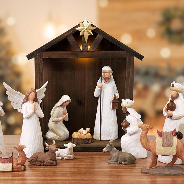 Fovths 16 Pieces Christmas Nativity Scene Set LED Classic Nativity Wooden Stable Manger Figurine Resin Decor 7 Inch Religious Family Figurines for Xmas Holiday Home Fireplace Centerpieces
