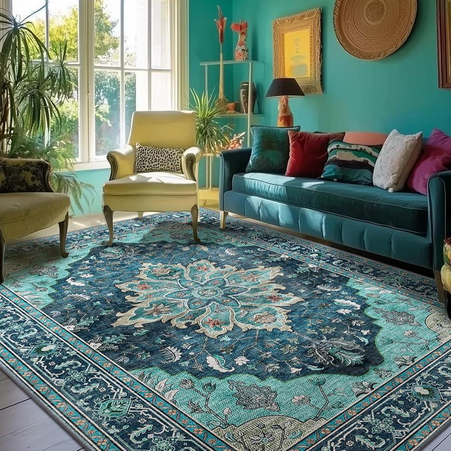 RELEANY Area Rugs 8'x10' Washable Non-Slip, Floral Vintage Distress Print Pattern Medallion Carpet for Living Room Bedroom Dining Room, Teal Green Lake Blue