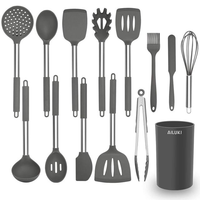 Silicone Cooking Utensil Set, AILUKI Kitchen Utensils 14 Pcs Cooking Utensils Set,Non-stick Heat Resistant Silicone,Cookware with Stainless Steel Handle - Grey