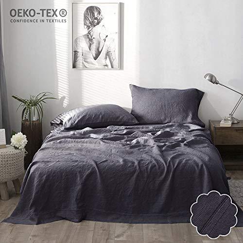 Simple&Opulence 100% Linen Sheet Set Embroidery(King, Embroidery Dark Grey)