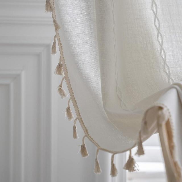 WAZZIO Off White Boho Curtains for Bedroom 84 Inches Long,Rod Pocket Farmhouse Embroidered Striped Cotton Tassel Linen Semi Blackout Curtains Neutral Bohemian Curtains Drapes Living Room,2 Panel