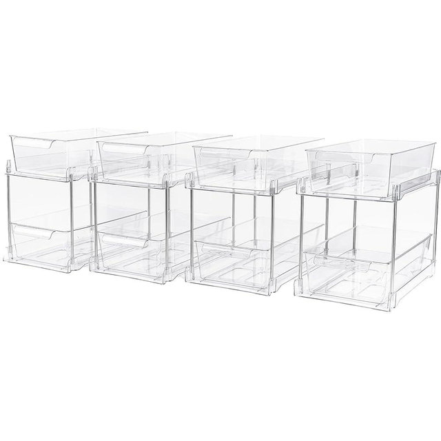 Zero Zoo 4Pack 2-Tier Bathroom Storage Organizer, Clear Under Sink Organizers Kitchen Vanity Counter Storage Container, Medicine Cabinet Drawers Bins, Pull-Out Organization with Track for Pantry