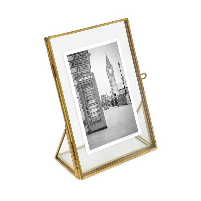 Isaac Jacobs 4x6, Antique Gold, Vintage Style Brass and Glass, Floating Photo Frame, Metal, (Vertical), with Locket Closure and Angled Base, for Pictures, Art, Mementos, Keepsakes (4x6, Antique Gold)