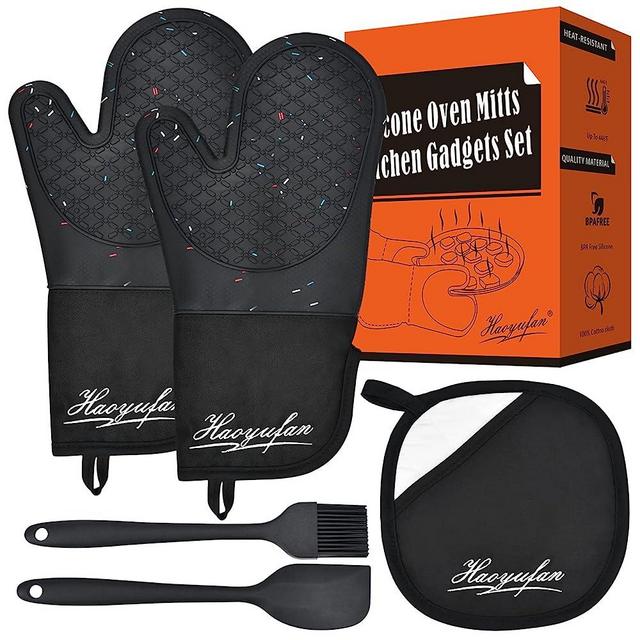 HaoYuFan Silicone Oven Mitts and Pot Holders Sets, Extra Long Oven Mitts Heat Resistant with Quilted Cotton Liner, Waterproof Kitchen Oven Mitts Set for Cooking and Baking, Black Color-Spots 5pcs