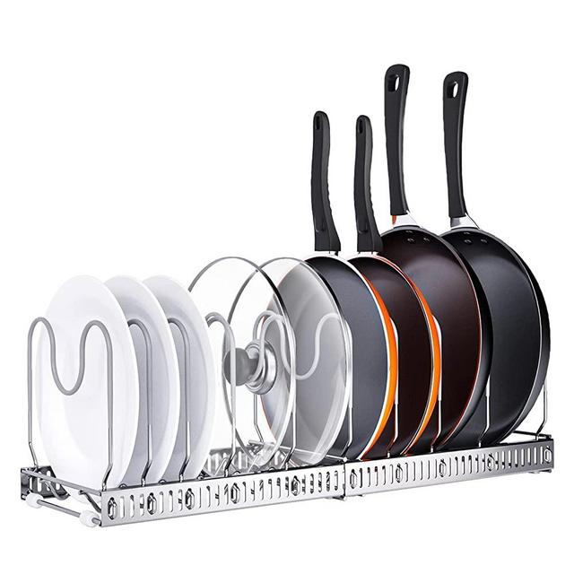 Expandable Pot and Pan Organizers Rack, AHNR 10+ Pans and Pots Lid Organizer Rack Holder, Kitchen Cabinet Pantry Bakeware Organizer Rack Holder with 10 Adjustable Compartments (silver grey)
