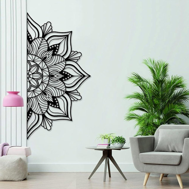 Resama Large Metal Mandala Wall Decor, Unique Lotus Flower Wall Art, Suitable for Office and Home Indoor and Outdoor Decoration (Black, 45''x22.6'' / 114x57.5cm)