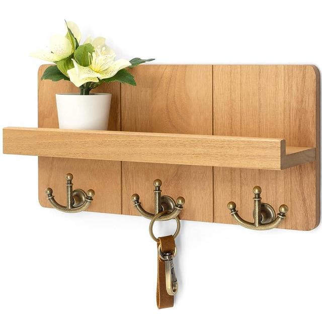 Rebee Vision Farmhouse Key Holder for Wall: Decorative Mail Organizer with Shelf and Rustic Mail Holder with 3 Anchor Key Hooks - Retro Home Decor Wall Mount for Entryway, Hallway (Light Brown)