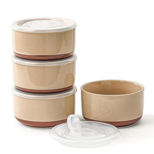 Chubacoo Ceramic Bowl with Lid: 20 oz Microwave Safe Porcelain Soup Containers for Food Storage, Meal Prep, Working Lunch, Picnic & Camping - 5-Inch Set of 4 Dipped Color & Speckle Beige