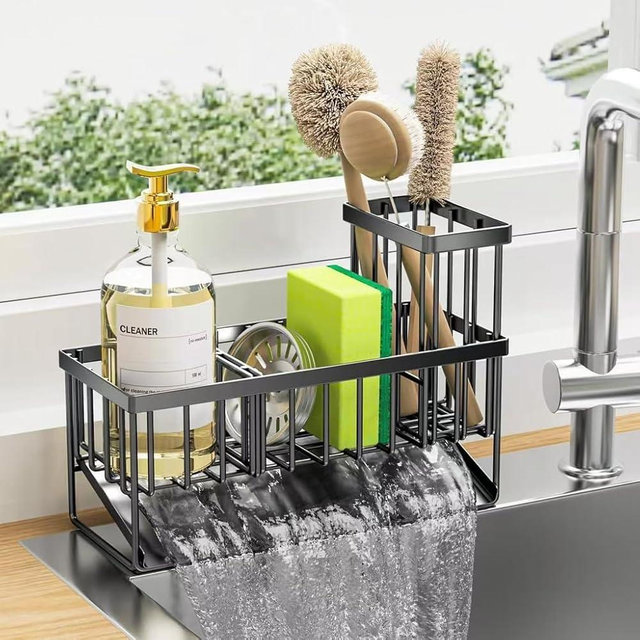 Moritic Kitchen Sink Caddy, Black Metal Wire Basket with Drip Tray, Sponge Holder for Dish Soap and Brushes, 9.1x3.7x6.2 inches (Black)