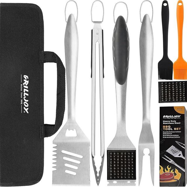 grilljoy 8PCS BBQ Grill Tools Set with Extra Thick Stainless Steel Spatula, Fork, Tongs & Cleaning Brush - Complete Barbecue Accessories Kit with Portable Bag - Perfect Grill Gifts for Men Black