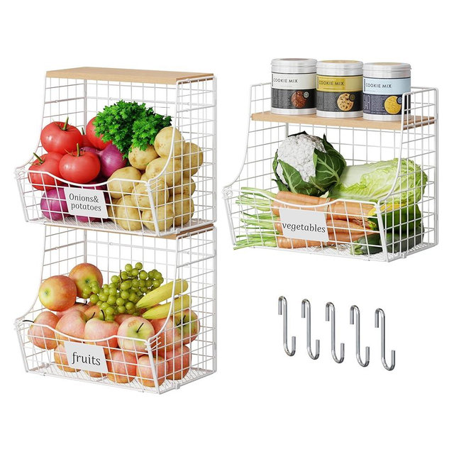 3 Pack Hanging Fruit Basket for Kitchen with Wood Lid - Onion and Potato Storage Fruit Bowl with Nameplate for Counter&Wall Mounted, Stackable Storage Basket, Metal Hanging Wire Baskets White