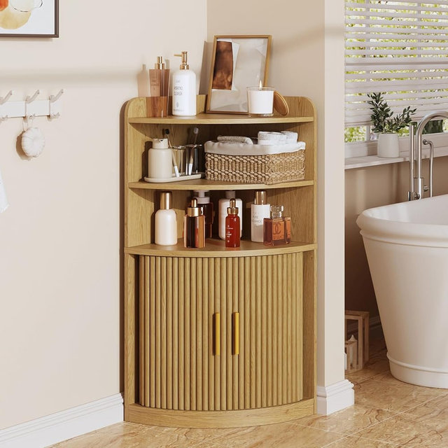 Astergrain Corner Cabinet, Small Corner Bathroom Cabinet with Sliding Doors | Space-Saving Corner Design, 3-Tier Open Shelves & Hidden Storage Cabinet, Fluted Doors, Water-Resistant Finish, Oak