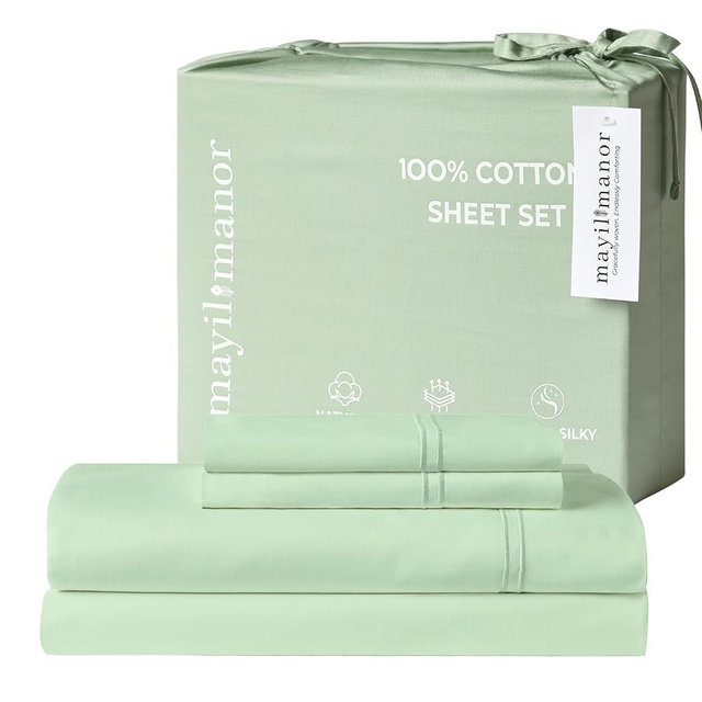 Mayil Manor 100% Natural Cotton Sheets Queen Size Bed Set | 500 TC Single-Ply Sateen Weave | Soft, Breathable, Hypoallergenic Solid 4-Piece Bedding with Deep Pocket Fitted, Flat, Pillowcase | Sage