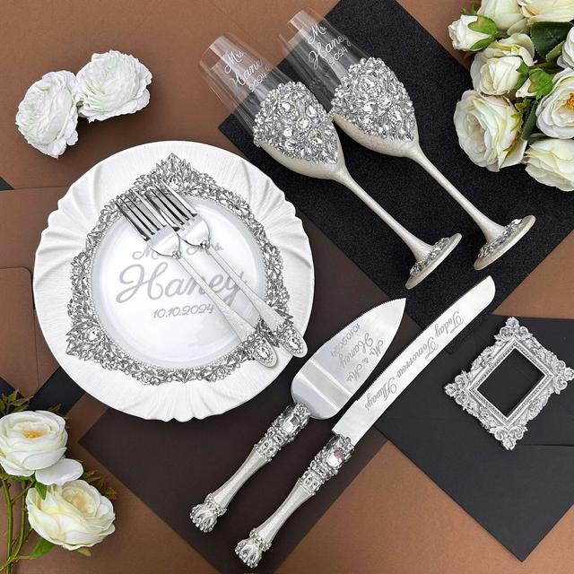 Custom Engraved Wedding Cake Knife Set: Champagne Flutes, Plate & Forks