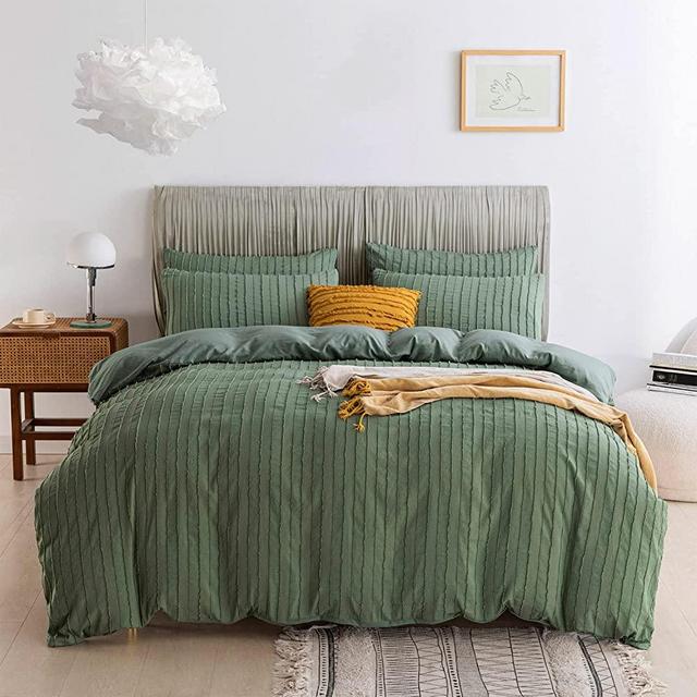 JELLYMONI Green Duvet Cover King Size - 3PCS Microfiber Tufted Duvet Cover Set, Boho Striped Tufted Textured Duvet Cover with Corner Ties & Zipper Closure