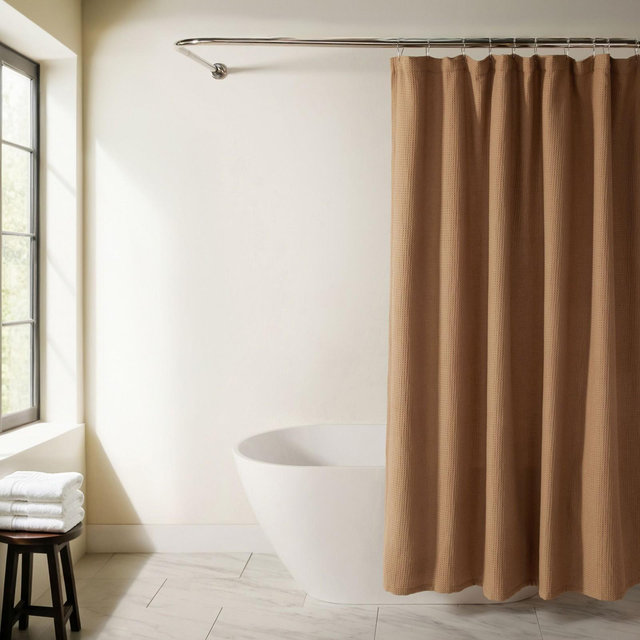Cotton Blend Waffle Shower Curtain – 72x72 Spa Fabric Shower Curtain, Textured Waffle Weave, Hotel Style Bathroom Decor - Becky Cameron, Mocha