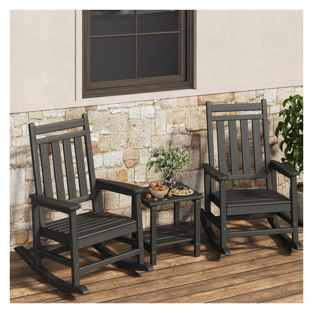 Outdoor Rocking Chair Set of 2 with Side Table, High-Back HDPE All-Weather Rockers & Poly Lumber Furniture for Patio and Porch,Black