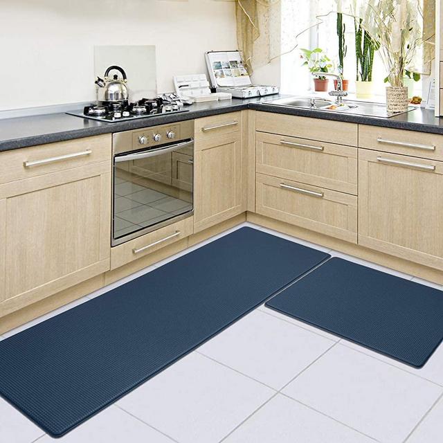 DEXI Kitchen Rugs and Mats, Cushioned Anti Fatigue Comfort Mat, 2/5Inch Waterproof Non Skid Standing Kitchen Rug Set, 17"x29"+17"x59", Navy Blue