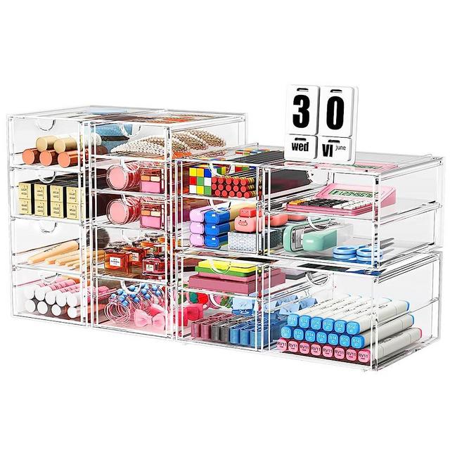 Makeup Organizer Storage With 16 Drawers, 4 Pcs Desktop Office Supplies, Desk Organizers, Clear Desk Accessories, Dustproof Drawer Organizer and Storage for Make Up, Jewelry, Pen, Desktop Stationary