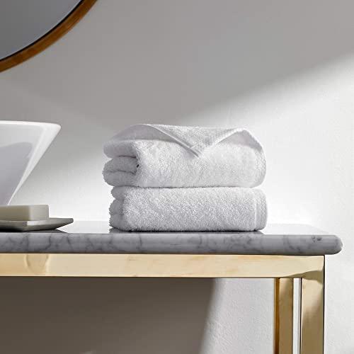 H by Frette Simple Border Hand Towel Set of 2 - Luxury All-White Bath Linens / Includes 2 Hand Towels (19" x 32") / 100% Cotton / Expertly Made in Turkey