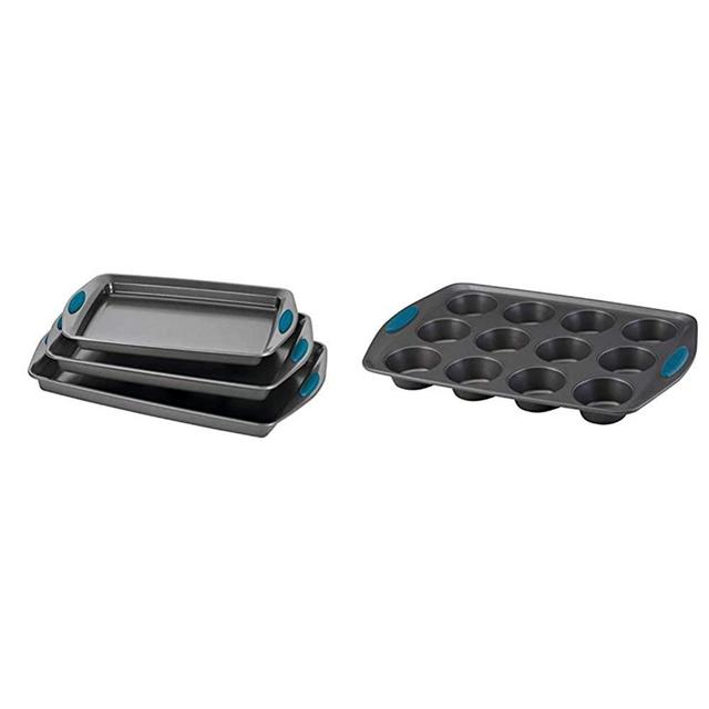 Rachael Ray Bakeware Nonstick Cookie Pan Set, 3-Piece, Gray with Marine Blue Grips & Ray Yum -o! Nonstick Bakeware 12-Cup Muffin Tin With Grips / Nonstick 12-Cup Cupcake Tin With Grips - 12 Cup, Gray
