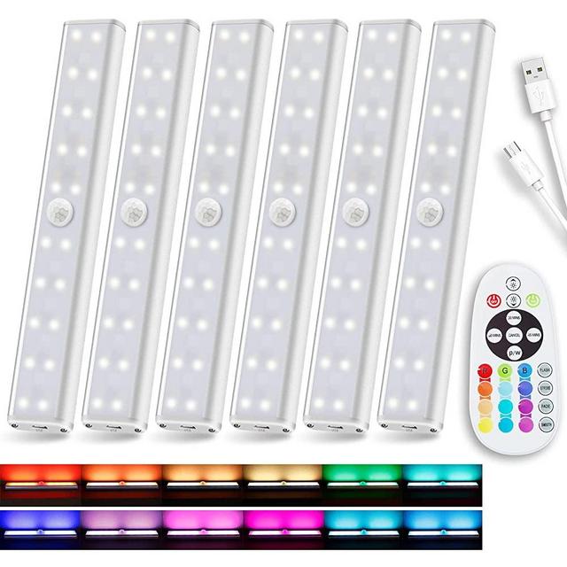 Under Cabinet Lighting Rechargeable 48-LED Remote Lights, Wireless Kitchen Counter Lights Closet Light RGB Bar Perfect for Indoor Pantry Display Shelf Hallway, 6 Pack 15 Color Changing