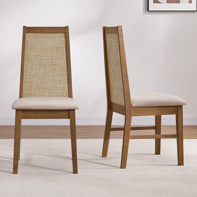 SICOTAS Wood Dining Chairs Set of 2 - Rattan Dining Room Chairs with Solid Wood Leg, Farmhouse Upholstered Kitchen Chairs High Back, Modern Armless Dining Chair for Dining Room, Kitchen, Oak, 2PCS