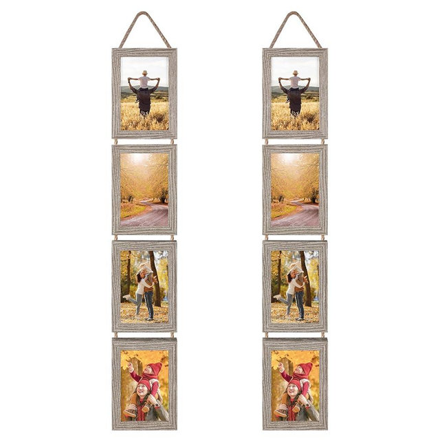 Lavezee 4x6 Hanging Collage Picture Frames Set of 2, 8 Opening Vertical Frame Made to Display 4 by 6 Inch Photo for Wall Decor, Rustic