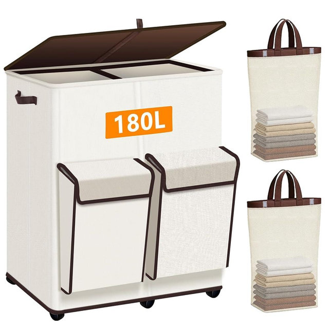 180L Large Dual Laundry Hamper With Lid And Wheels, Big Rolling Laundry Basket 2 Section Dirty Clothes Basket With 2 Side Pockets, Laundry Hanper With 2 Removable Bag For Laundry Room, Bedroom (White)