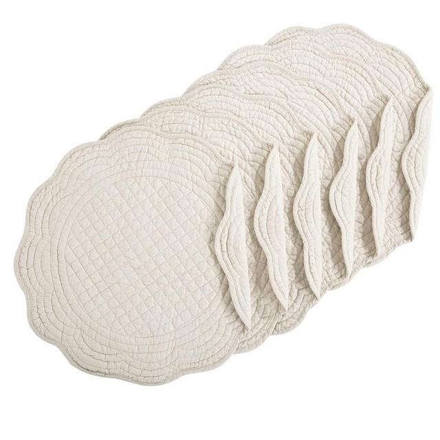 HOMBYS Quilted Placemats Set of 6 Washable Round Placemats for Kitchen Table-100% Cotton Fabric 14 Inch Round Table Mats (14"x14", Flax)